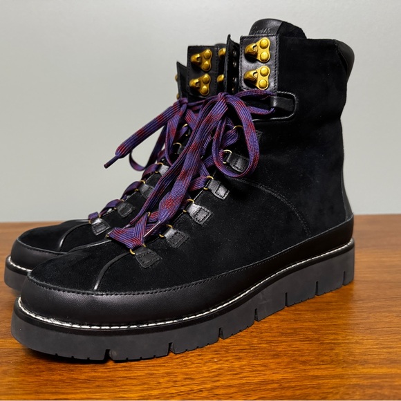 J. Crew Suede Leather Black Lace Up Boots Purple Laces - Picture 3 of 11